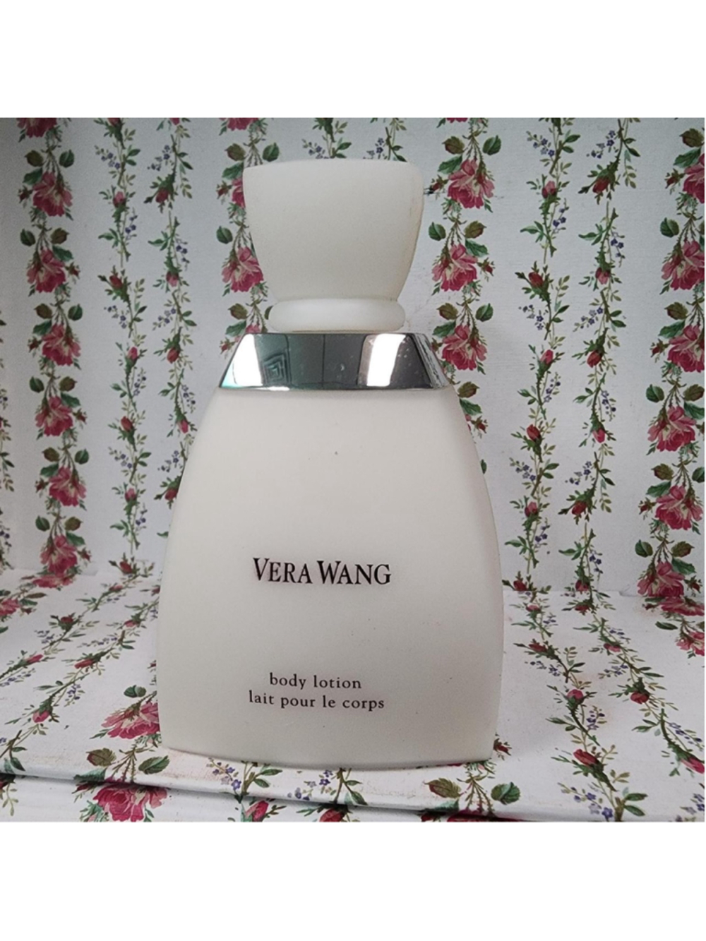 Vera Wang body lotion
White bottle, floral fragrance, hydrating lotion, elegant